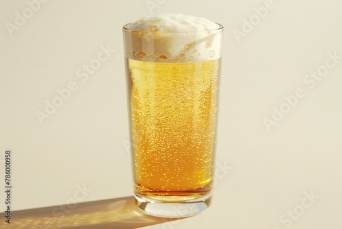 Glass of beer with foam on a white background with sunbeams