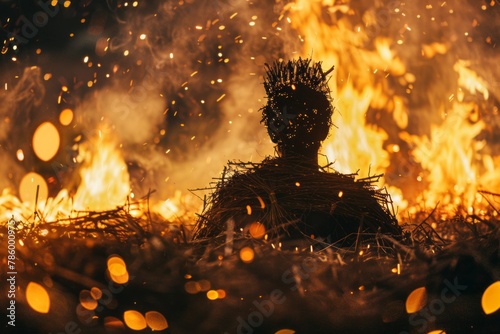 Burning effigy against blurred flames, holidays, tradition, religion photo