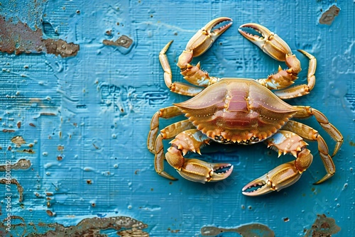 Crab on blue background, Seafood, Top view, Copy space