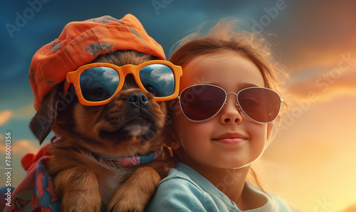 Cool kid with a cute puppy dog, illustration generated by ai © emilio100