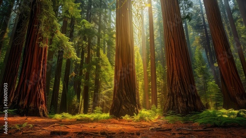 A majestic grove of ancient sequoias reaching towards the sky, their towering forms cloaked in moss and ferns amidst a carpet of pine needles, a testament to the enduring power and beauty 