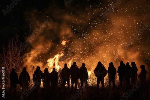 Silhouetted figures gathered around the burning flame at night