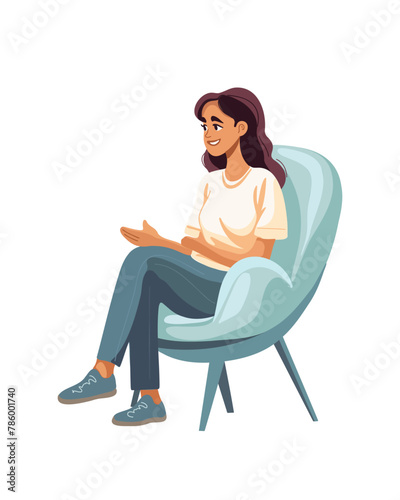 Woman sitting in a chair, isolated on white background