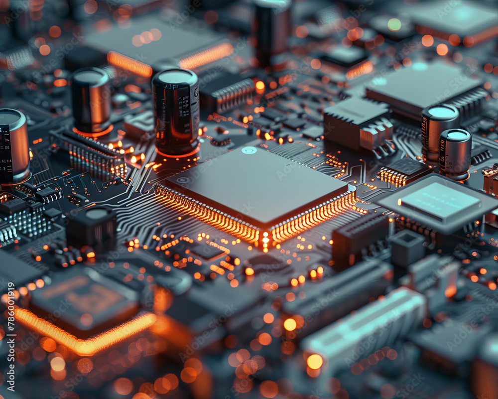 A close up of a computer circuit board with the CPU. A close up of a computer circuit board with the CPU.