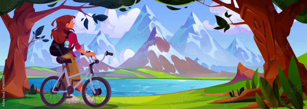 Fototapeta premium Forest and mountain nature in summer scenery for bike ride vector background. Woman cyclist do outdoor sport in beautiful valley environment. Outdoor Alps park tourism near river for person panorama