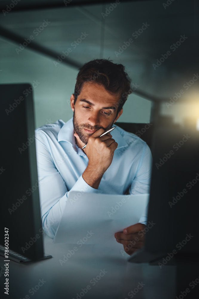 Businessman, thinking and night with documents at office for finance, accounting or project. Man, employee or accountant working late with notes, paperwork or financial business plan at workplace - obrazy, fototapety, plakaty 
