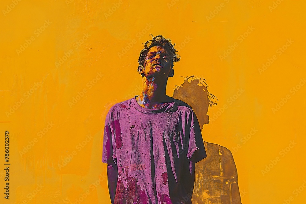 Portrait of a young man with dirty face on yellow wall background