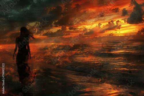  illustration of a beautiful woman in the sea at sunset