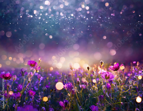 a dreamlike view of purple flowers in the meadow with bokeh lights background photo