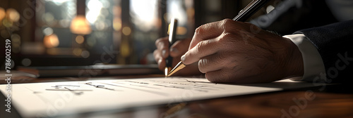 The man in a suit and tie is making a signing gesture with a pen on paper, A businessman signs a crucial employment contract with a pen on wooden table and office indoor background    photo