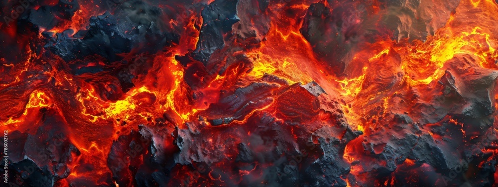 A detailed painting of a volcano eruption, with bright orange lava flowing over black rocks. A detailed painting of a volcano eruption, with bright orange lava flowing over black rocks.
