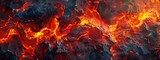 A detailed painting of a volcano eruption, with bright orange lava flowing over black rocks.