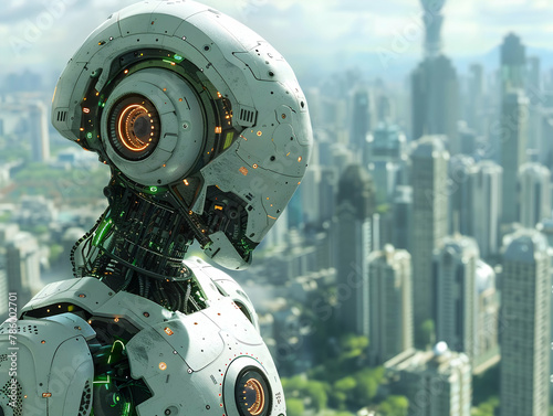 Futuristic Robot Overlooking Cityscape