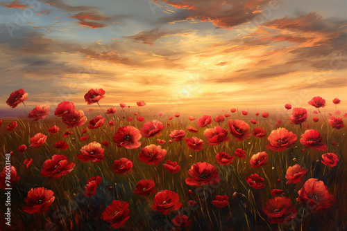 Oil painting of red poppies against a sunset background, wall painting, interior decor