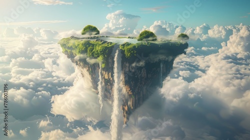 A floating island with waterfalls and a blue sky © Tanasorn