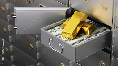 Open bank deposit box full of dollar bills and gold ingots. 3D illustration