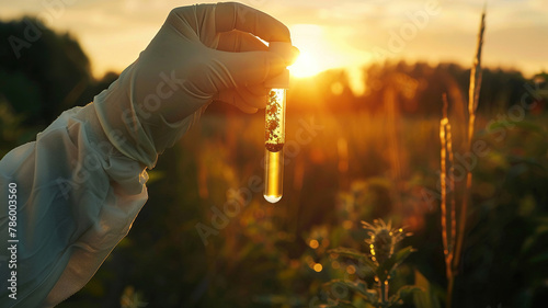 male scientist holding a test tube with soil photo