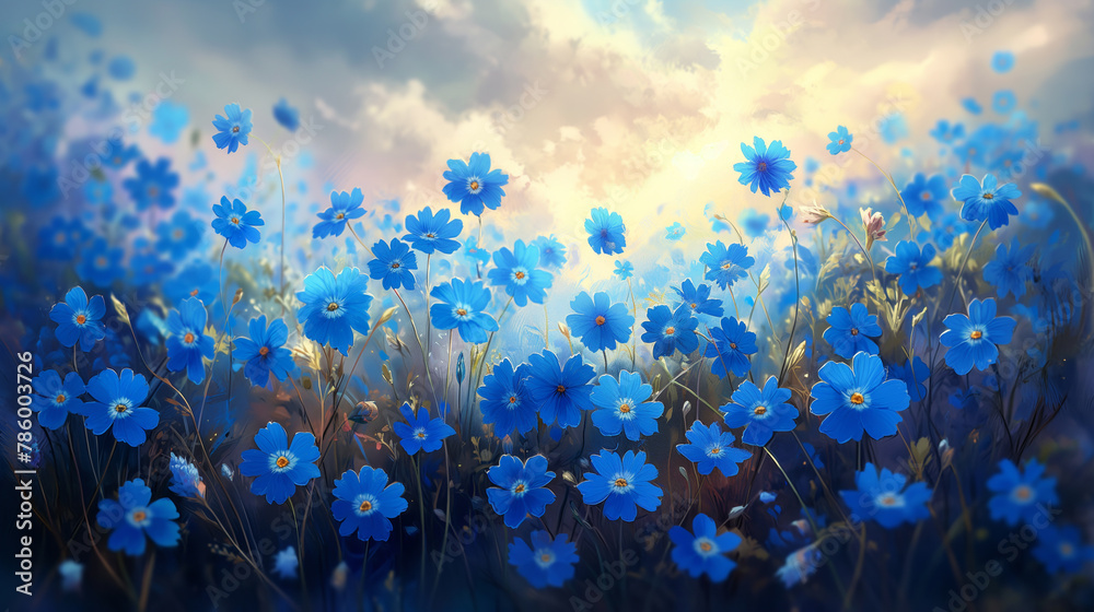 Meadow of blue forget-me-nots painted with oil paints, wall decor idea for home