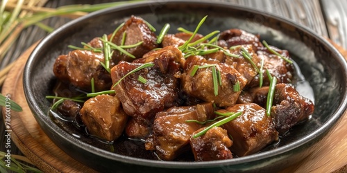 Succulent pieces of caramelized pork glisten in a black ceramic bowl, perfect for a gourmet meal presentation photo