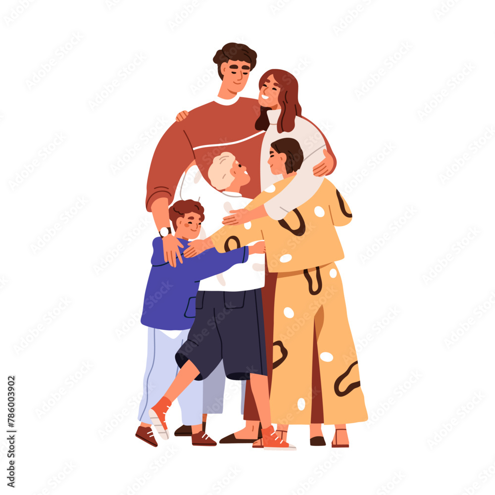 Family hugs. Happy parents and kids embracing, love and support. Smiling mom, dad and son, daughter. Mother, father and three children, siblings. Flat vector illustration isolated on white background Family hugs. Happy parents and kids embracing, love and support. Smiling mom, dad and son, daughter. Mother, father and three children, siblings. Flat vector illustration isolated on white background