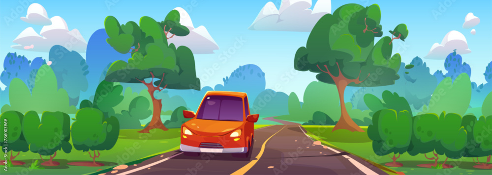 Fototapeta premium Car road trip to drive in summer landscape cartoon. Highway for vehicle and nature environment illustration. Adventure journey and freeway weekend tourism on red automobile via forest scene banner