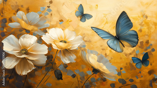 white flowers on a gold background and pale blue butterflies, oil painting, idea for wall decor