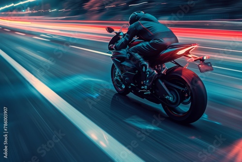 A man riding a black and red motorcycle on a city street at night. The background is blurred with streaks of light from the headlights of cars.