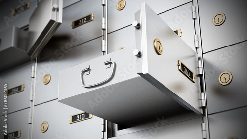 Bank deposit boxes with some open drawers. 3D illustration