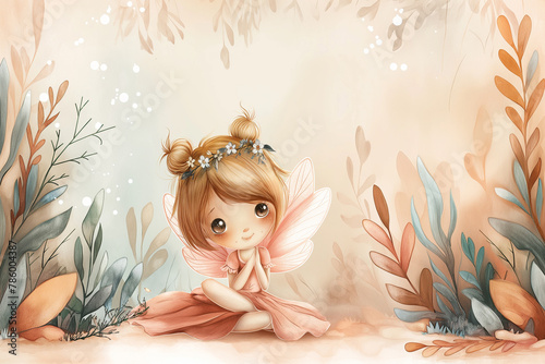 toy cute fairy with wings watercolor illustration