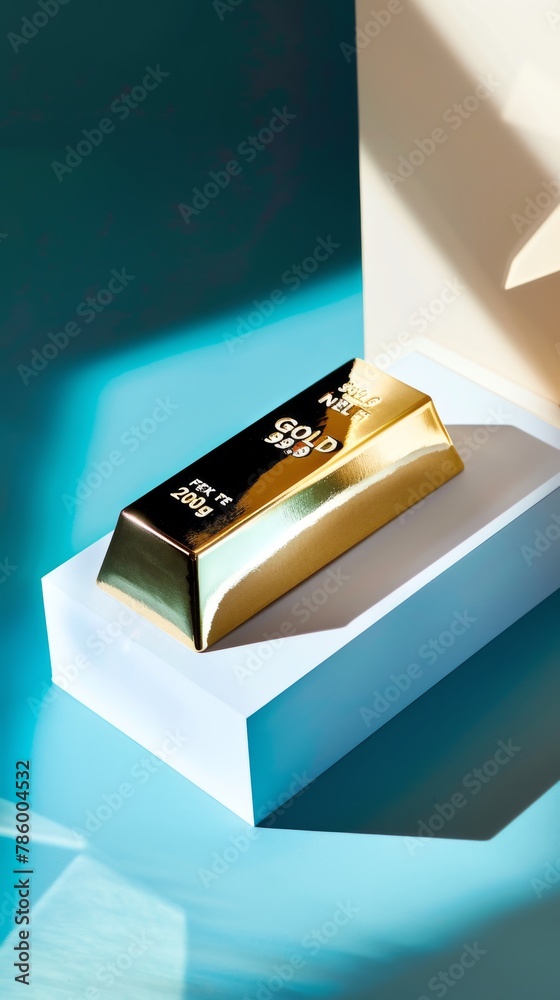 Places the gold bar in a minimalist setting with cool blue shadows, emphasizing simplicity and the serene aura of wealth Places the gold bar in a minimalist setting with cool blue shadows, emphasizing simplicity and the serene aura of wealth