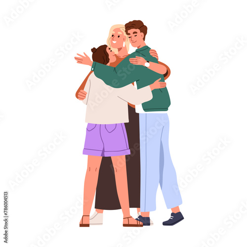 Happy family, single mother hugging children teenagers with love. Smiling mom parent embracing teenage kids, girl and boy, son and daughter. Flat vector illustration isolated on white background
