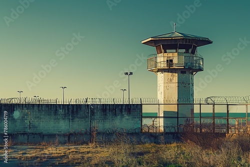 A solitary guard tower overlooking the prison complex
