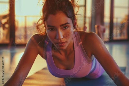 A close-up of a female fitness model in pastel lavender sportswear  doing pilates with precision on a minimalist mat  the setting sun casting a warm glow