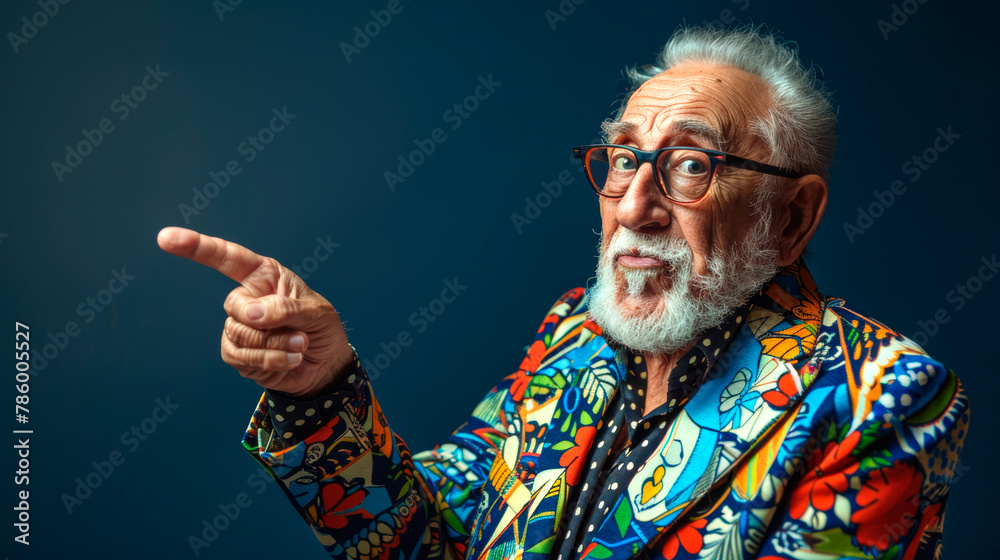 Portrait of an imposing old man with glasses holding his index finger to the side on an empty space for text on an isolated blue background. Portrait of an imposing old man with glasses holding his index finger to the side on an empty space for text on an isolated blue background.