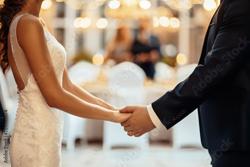 Close-Up Shot of a Newlywed Couple Holding Hands, with a Softly Decorated Venue in the Background—Creating a Warm Ambiance