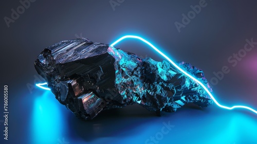 Photographs the carbon chunk with a streak of electric blue neon light tracing its edges, emphasizing its raw texture against the vibrant, futuristic glow