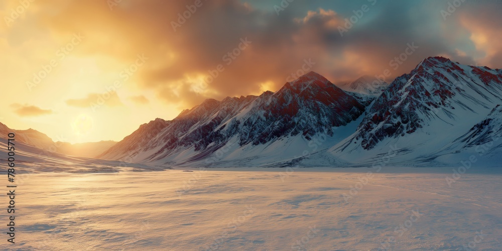 Serene sunset casts a warm glow over a tranquil snowy mountain landscape, portraying the peace of nature Serene sunset casts a warm glow over a tranquil snowy mountain landscape, portraying the peace of nature