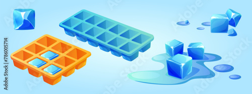 Ice cube trays set isolated on blue background. Vector cartoon illustration of frozen water mold, plastic or silicone square container for kitchen refrigerator, melting icicle pieces in liquid puddle