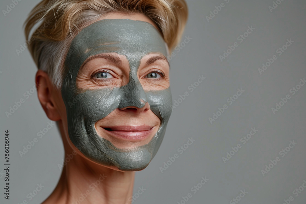 Portrait of a middle-aged woman with short blonde hair wearing a gray clay mask smiling at the camera on a gray background, studio shot