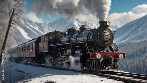 Steam Train Crossing to Freezing Mountain Forest and Bridges in Winter Season 