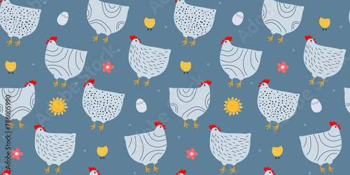 Seamless pattern with hens and chickens, eggs. Abstract pattern with poultry. Vector graphics.