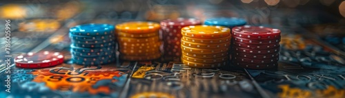 Stacks of blue, red, and yellow poker chips on a casino table photo