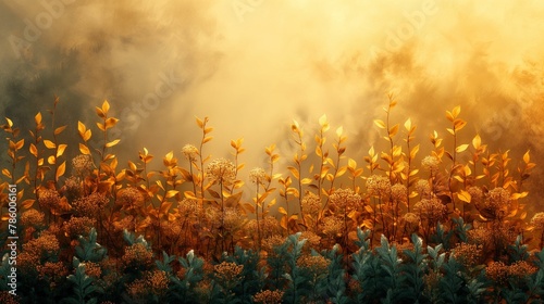 Autumnal Dream  Golden Leaves and Floral Mystique  Ethereal Forest with Copy Space
