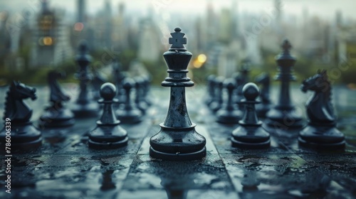 Black chess pieces on a wet chessboard with an out of focus cityscape in the background.