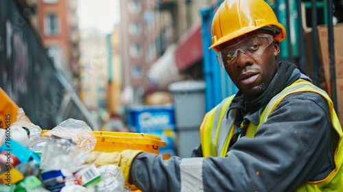 City worker sorting recyclables from collected trash photo