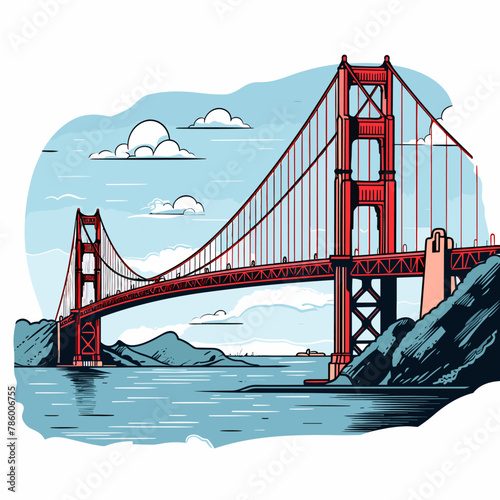 Golden Gate Bridge. Golden Gate Bridge hand-drawn comic illustration. Vector doodle style cartoon illustration