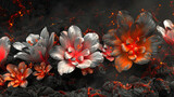 Lava-inspired 3D blooms ignite with red and orange on an ash-gray canvas.