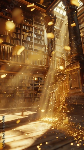 Photographs a scene where gold dust floats through beams of sunlight in an ancient library, the radiant golds lending a magical, timeless quality © kitidach
