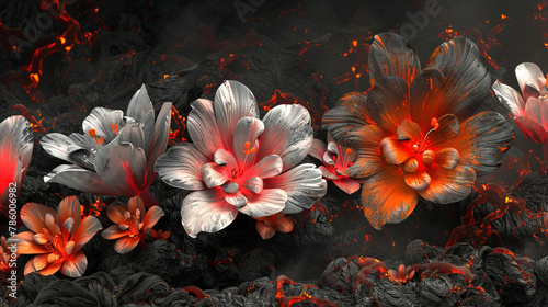 Lava-inspired 3D blooms ignite with red and orange on an ash-gray canvas. photo