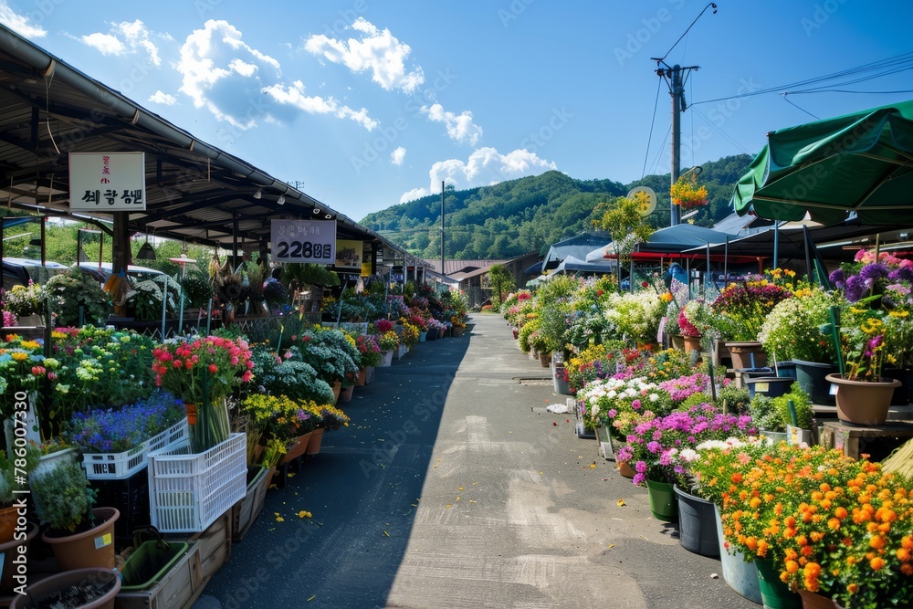 A bustling flower market in full bloom, with rows of stalls overflowing with fresh bouquets, potted plants, and fragrant blooms, set against a backdrop of blue skies, Generative AI A bustling flower market in full bloom, with rows of stalls overflowing with fresh bouquets, potted plants, and fragrant blooms, set against a backdrop of blue skies, Generative AI